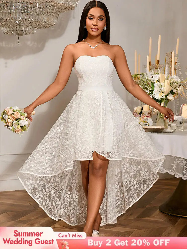 AOMEIDRESS Elegant White A Line Lace Strapless Dress For Bridal Shower White / S