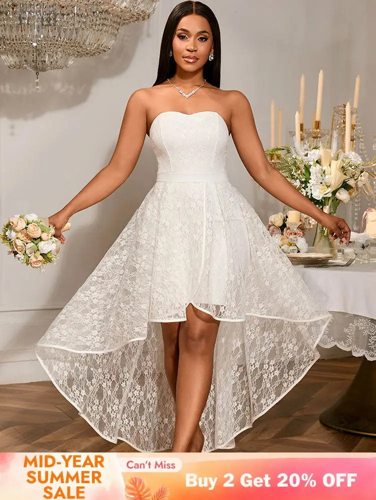 AOMEIDRESS Elegant White A Line Lace Strapless Dress For Bridal Shower White / S