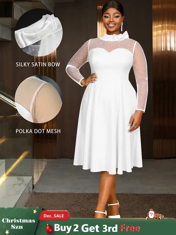 AOMEIDRESS Elegant White A Line Polka Dot Mesh Dress for Bridal Shower White / L