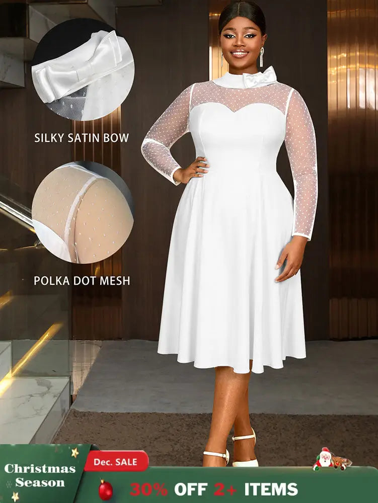 AOMEIDRESS Elegant White A Line Polka Dot Mesh Dress for Bridal Shower White / L