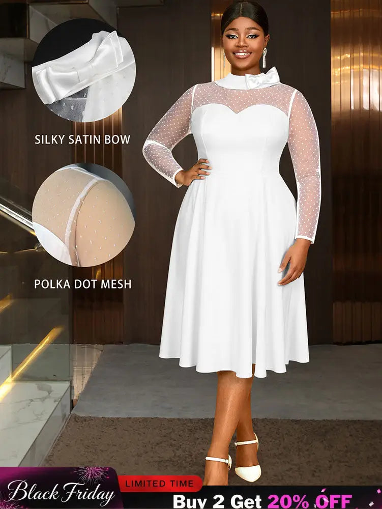 AOMEIDRESS Elegant White A Line Polka Dot Mesh Dress for Bridal Shower White / L