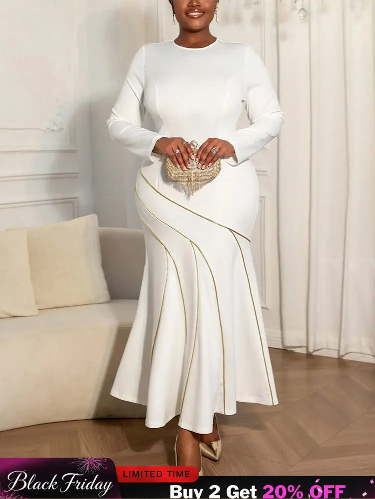 AOMEIDRESS Elegant White Bodycon Dress Colorblock Fishtails Hem Party - White / S