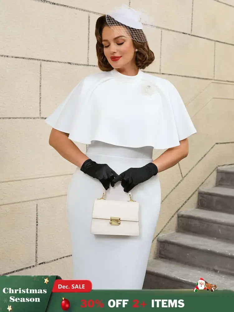 AOMEIDRESS Elegant White Cape Sheath Dress for Easter and Graduation White / S