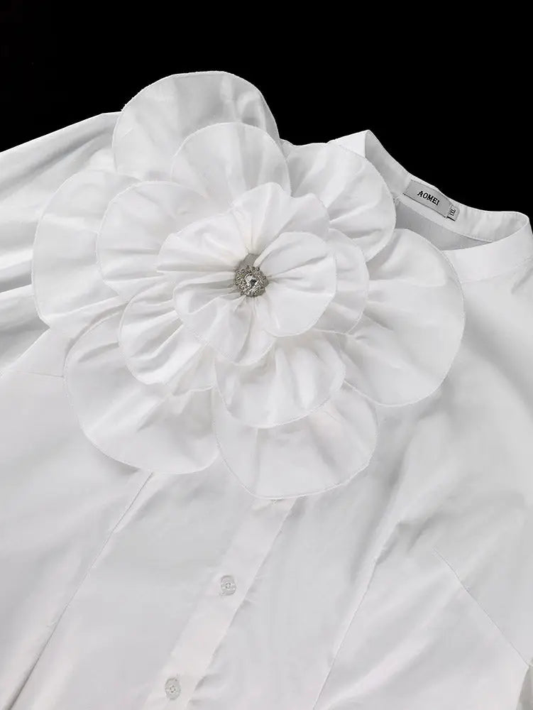 AOMEIDRESS Elegant White Cotton Shirt Button 3D Flower Long Sleeves