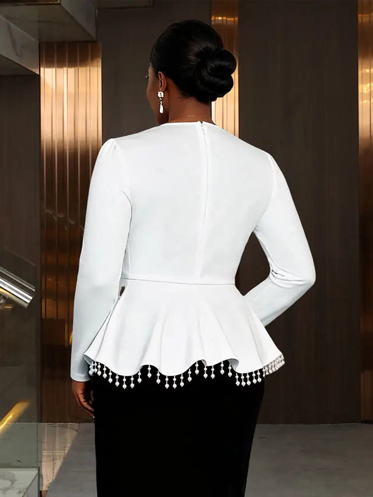 AOMEIDRESS Elegant White Top Long Sleeve with 3D Flower Pearl Tassel