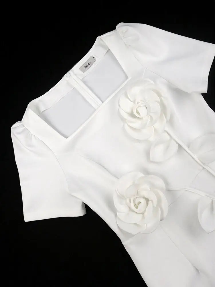 AOMEIDRESS Elegant White Wedding Guest Dress Slim with 3D Floral