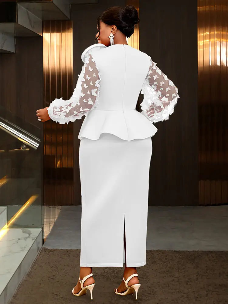 AOMEIDRESS Elegant White Wedding Party Dress 3D Flower Sheer Sleeve