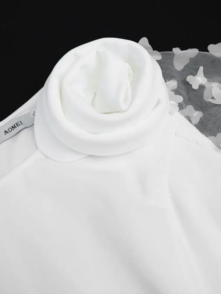 AOMEIDRESS Elegant White Wedding Party Dress 3D Flower Sheer Sleeve