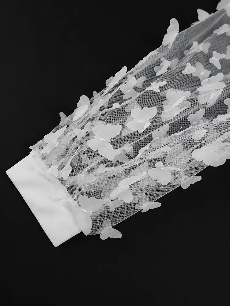 AOMEIDRESS Elegant White Wedding Party Dress 3D Flower Sheer Sleeve