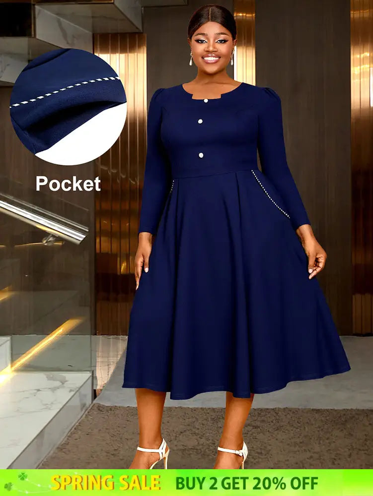 AOMEIDRESS Elegant Women A Line Pleated Dress Button with Pocket Navy / L