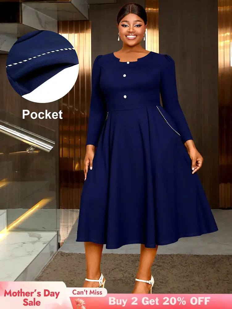 AOMEIDRESS Elegant Women A Line Pleated Dress Button with Pocket Navy / L