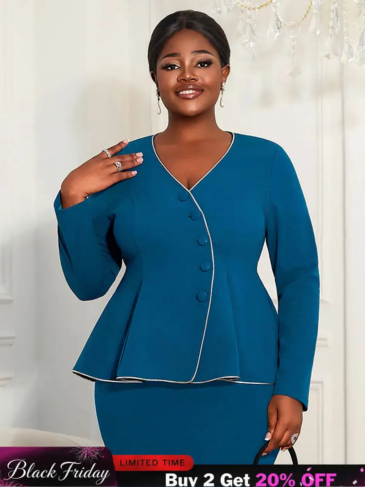 AOMEIDRESS Elegant Women Church Top V Neck Long Sleeves Trim Peplum PeacockBlue / L