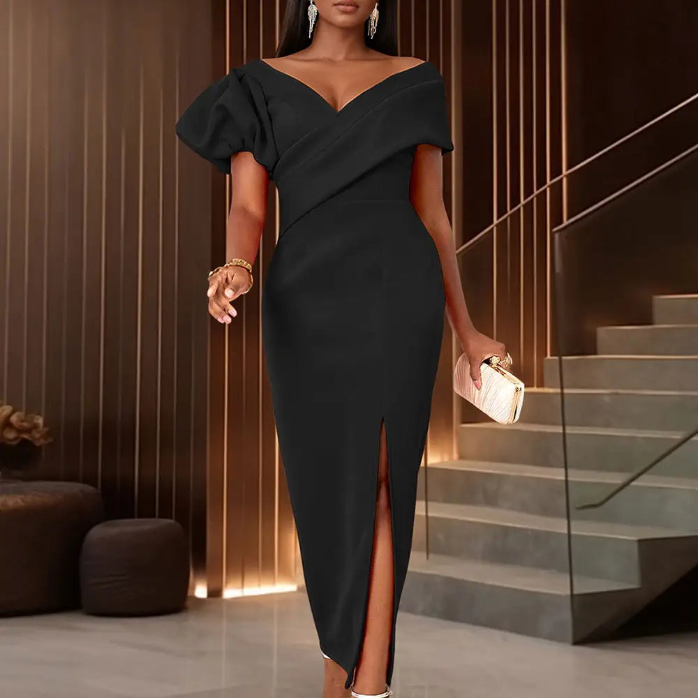 AOMEIDRESS Elegant Women Off Shoulder Bodycon Dress Puff Sleeve Slit Black / S