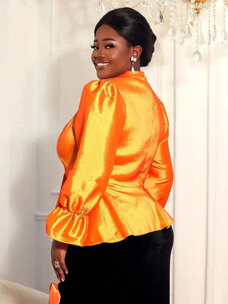 AOMEIDRESS Elegant Women Shiny Tops V Neck Puff Sleeves Peplum Hem