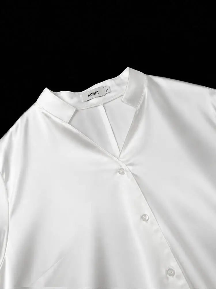 AOMEIDRESS Elegant Women Shirt Dress Short Sleeve Satin Spliced Lace