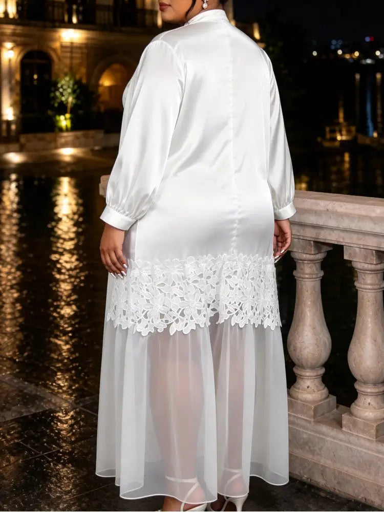 AOMEIDRESS Elegant Women Shirt Dress Short Sleeve Satin Spliced Lace