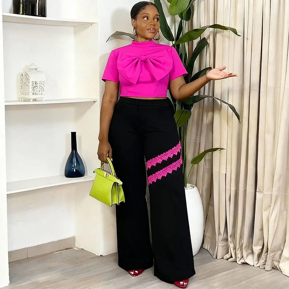 AOMEIDRESS Elegant Women Top Crop Top Short Sleeve Big Bow for Party Rose / S