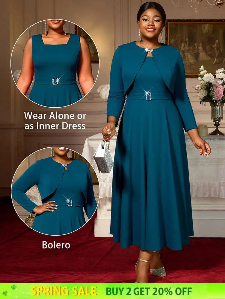 AOMEIDRESS Elegant Women Two Pieces Set Sleeveless Dress With Bolero PeacockBlue / S