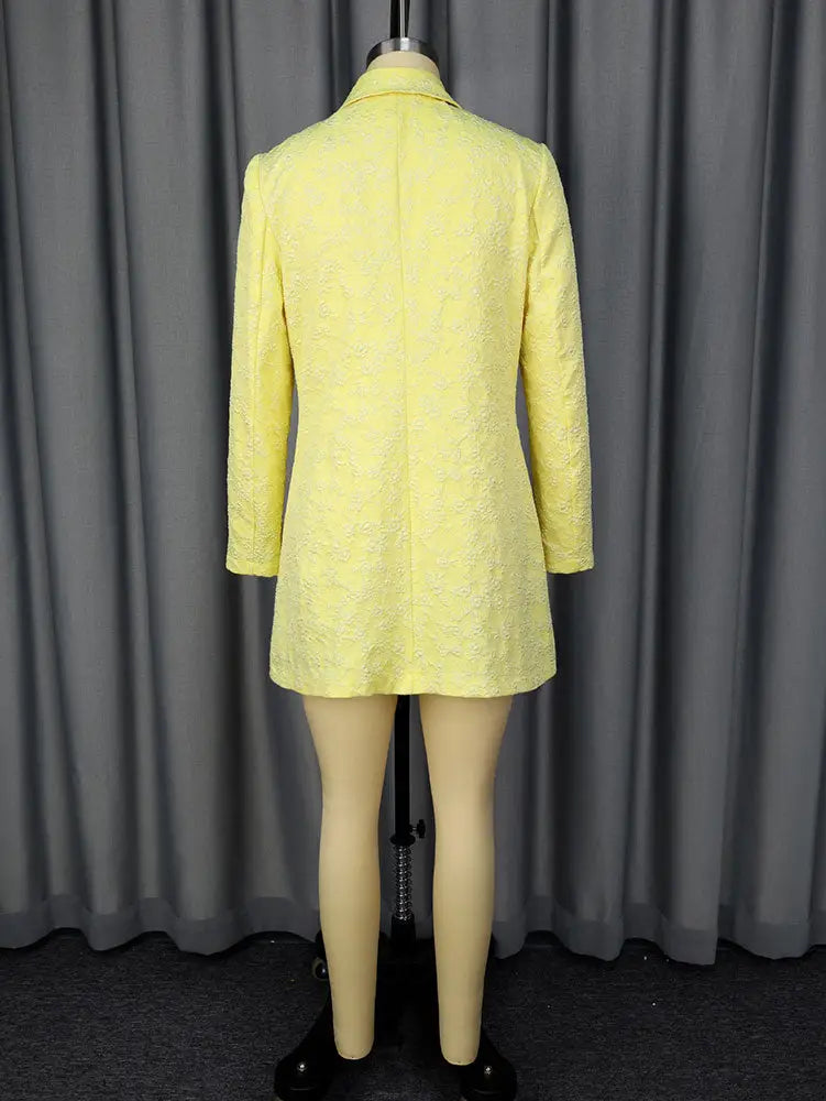 AOMEIDRESS Elegant Yellow Jacquard Blazer Dress Long Sleeve Gowns