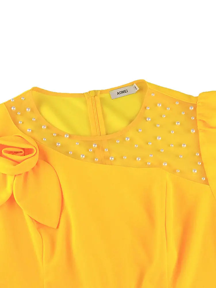 AOMEIDRESS Elegant Yellow Wide Leg Jumpsuit Beading Pleated Pant Legs