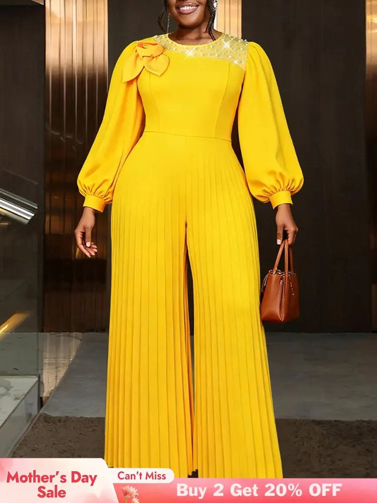 AOMEIDRESS Elegant Yellow Wide Leg Jumpsuit Beading Pleated Pant Legs - Yellow / L
