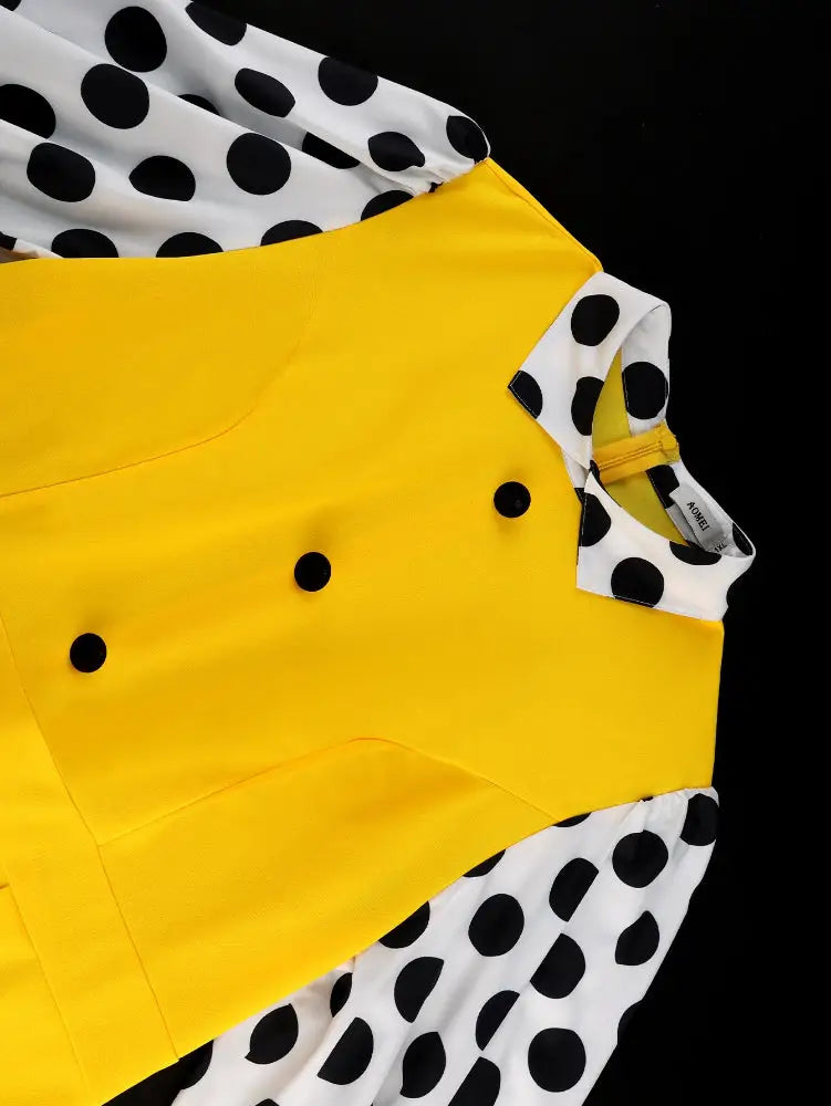 AOMEIDRESS Elegant Yellow Wide Leg Jumpsuit Contrast Dot Puff Sleeves