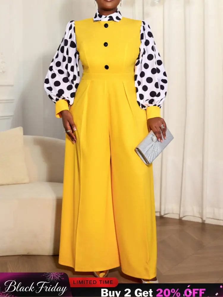 AOMEIDRESS Elegant Yellow Wide Leg Jumpsuit Contrast Dot Puff Sleeves Yellow / L