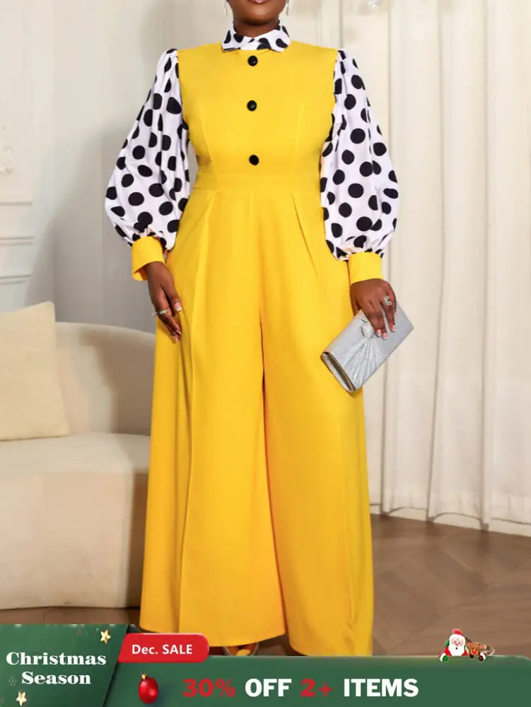 AOMEIDRESS Elegant Yellow Wide Leg Jumpsuit Contrast Dot Puff Sleeves Yellow / L