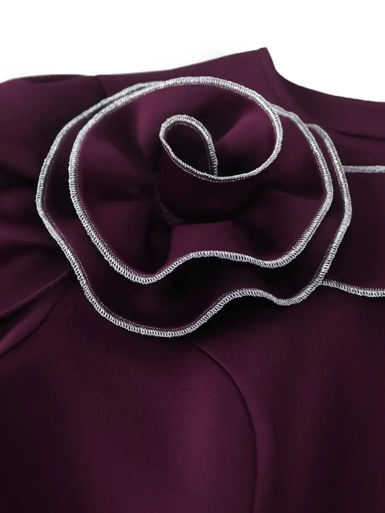 Purple Floral Embroidered Silver Thread Long Sleeve Maxi Dress for Elegant Evenings and Banquets