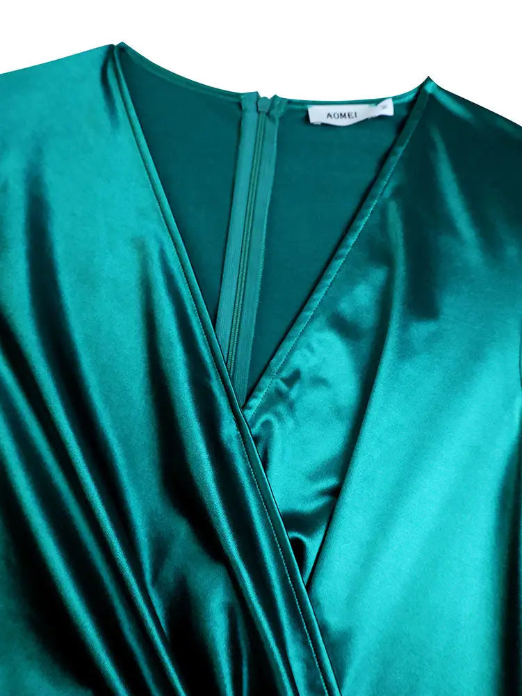 AOMEIDRESS Fashion Satin V Neck Folds Dress Button Split for Party