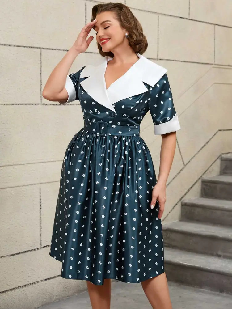 AOMEIDRESS Floral Print Short Sleeve Vintage A Line Dress Turn Down Collar