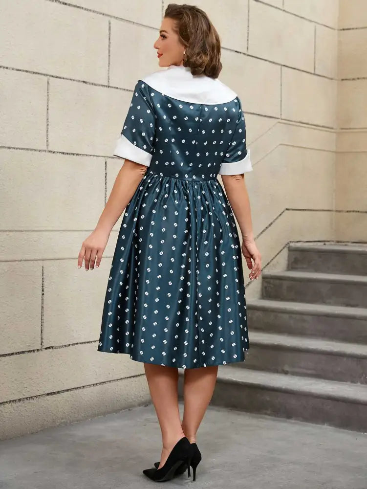 AOMEIDRESS Retro Floral Print Turn Down Collar A Line Short Sleeve Dress