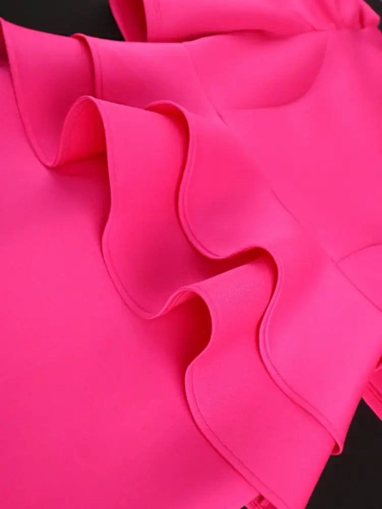 AOMEIDRESS Fuchsia V Neck Half Sleeve Ruffles Office Dress