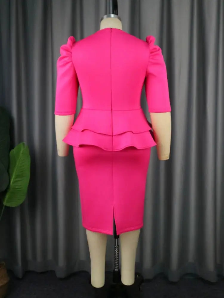 AOMEIDRESS Fuchsia V Neck Half Sleeve Ruffles Office Dress
