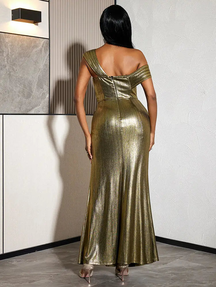 AOMEIDRESS Gold Bodycon Slit Dress Wrinkles One Shoulder Sleeveless
