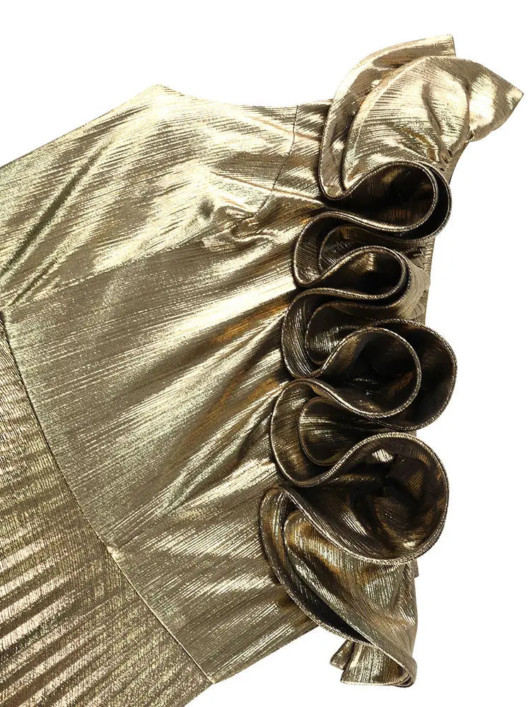 AOMEIDRESS Gold One Shoulder A Line Pleated Dress Ruffle Party Gowns