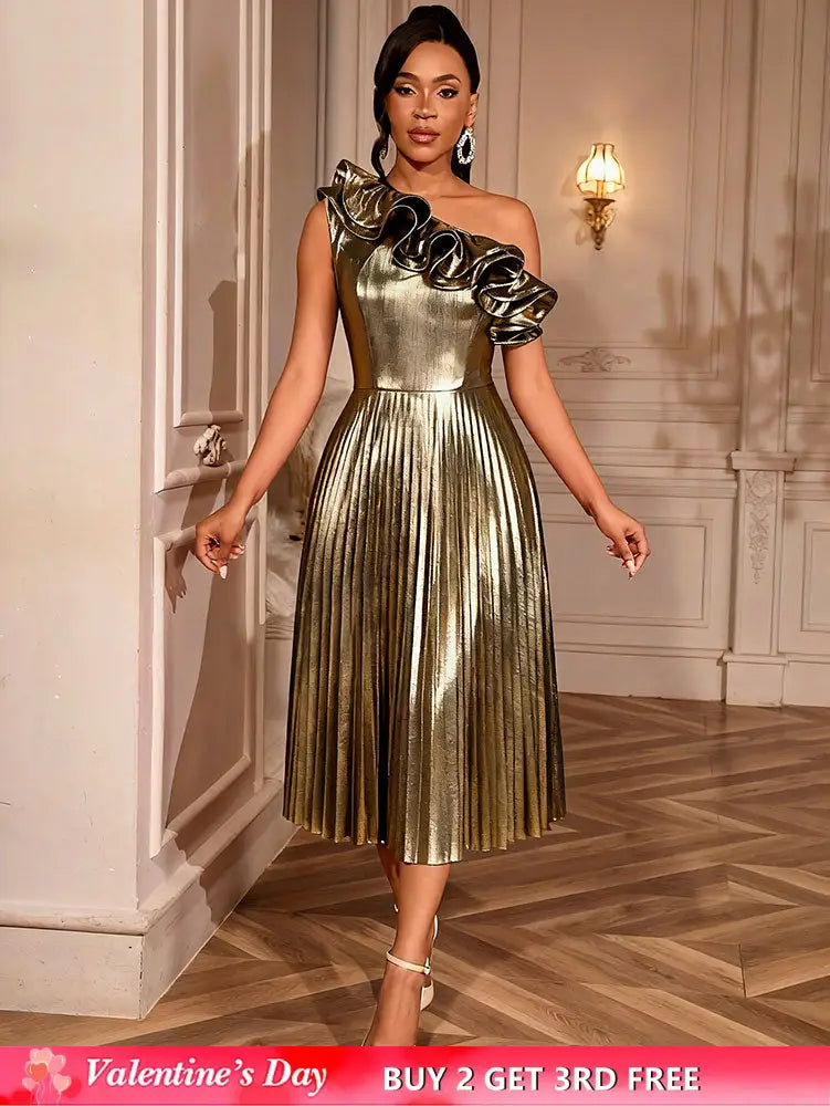 AOMEIDRESS Gold One Shoulder A Line Pleated Dress Ruffle Party Gowns Gold / S