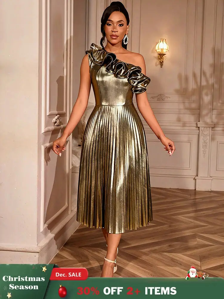 AOMEIDRESS Gold One Shoulder A Line Pleated Dress Ruffle Party Gowns Gold / S