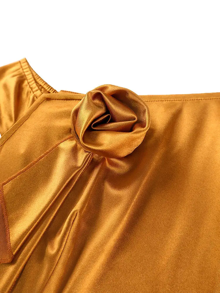 AOMEIDRESS Gold One Shoulder Satin Dress 3D Flower Party Gowns