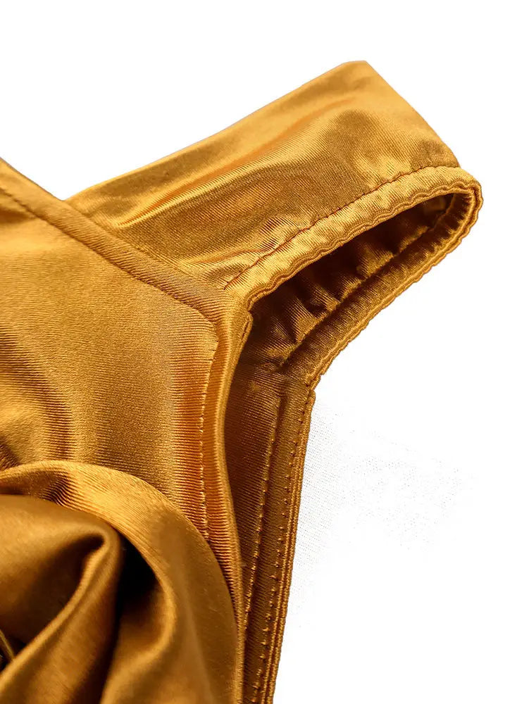 AOMEIDRESS Gold One Shoulder Satin Dress 3D Flower Party Gowns