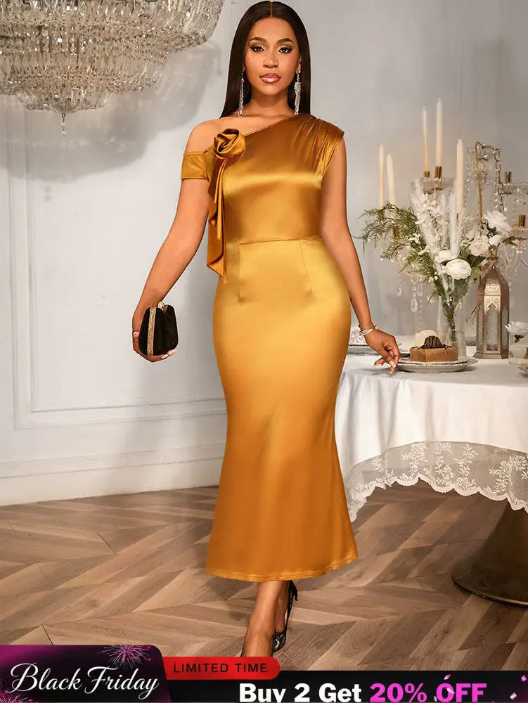 AOMEIDRESS Gold One Shoulder Satin Dress 3D Flower Party Gowns Brown / S