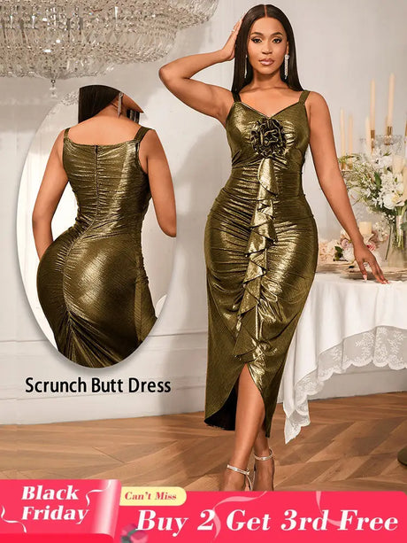 AOMEIDRESS Gold Ruffle Scrunch Butt Dress With 3D Flower For Weddings Gold / S