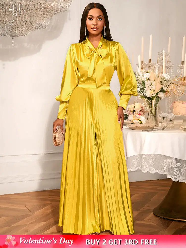 AOMEIDRESS Gold Two Pieces Set Bow Shirt With Pleated Pants For Party Gold / S