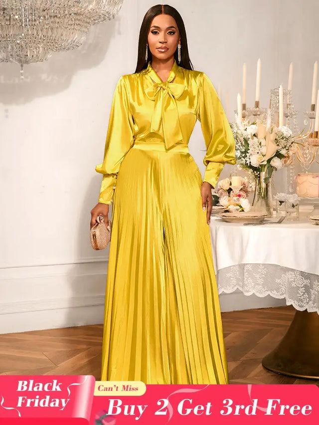 AOMEIDRESS Gold Two Pieces Set Bow Shirt With Pleated Pants For Party Gold / S