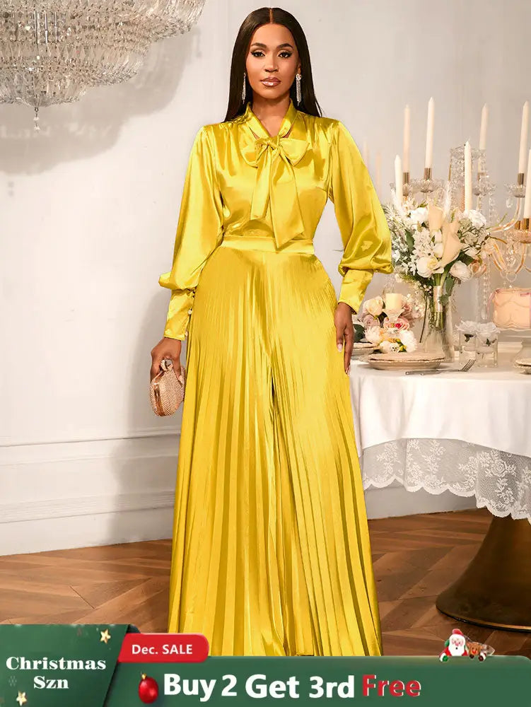 AOMEIDRESS Gold Two Pieces Set Bow Shirt With Pleated Pants For Party Gold / S