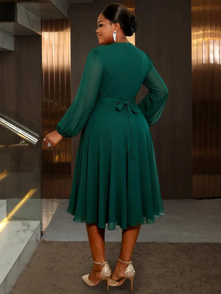 AOMEIDRESS Green A Line Chiffon Dress Sheer Sleeves 3D Flower Peplum