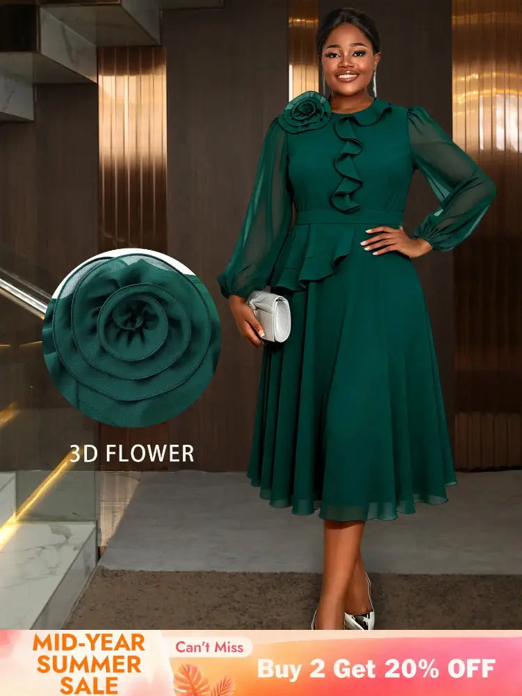 AOMEIDRESS Green A Line Chiffon Dress Sheer Sleeves 3D Flower Peplum DarkGreen / L