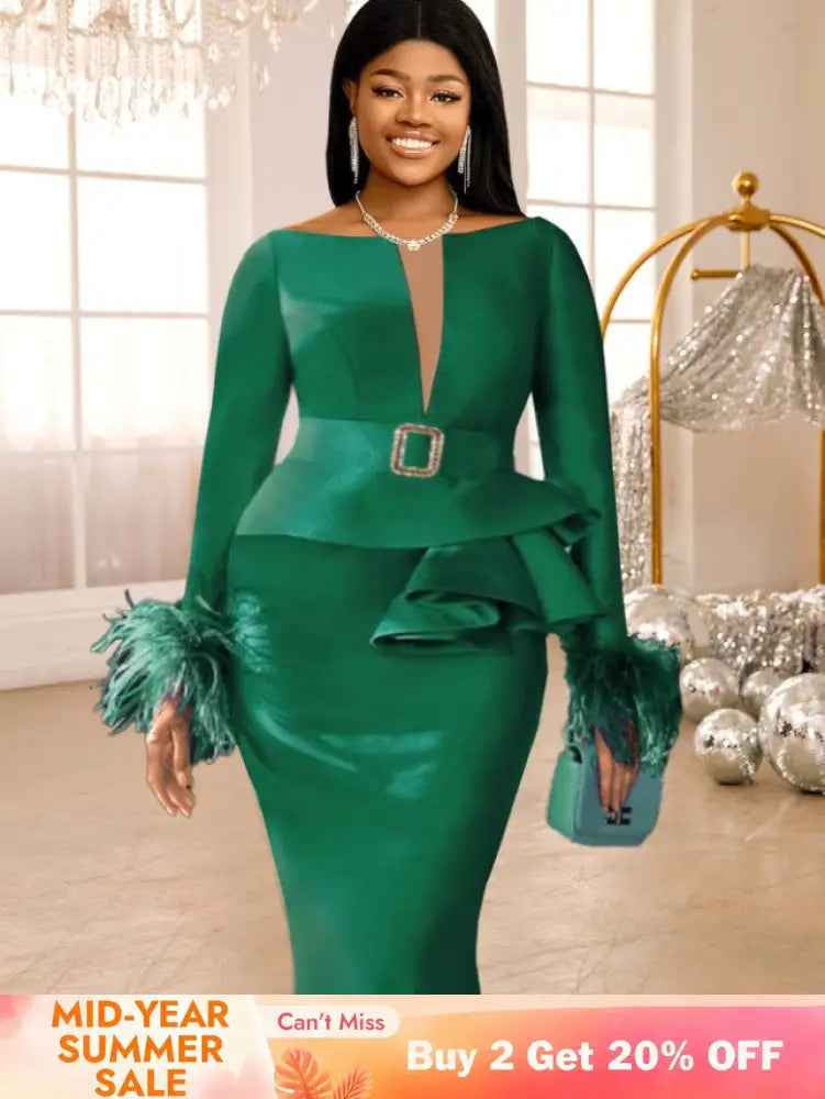 AOMEIDRESS Green Bodycon Dress V-neck Patchwork Feather Long Sleeve Green / S