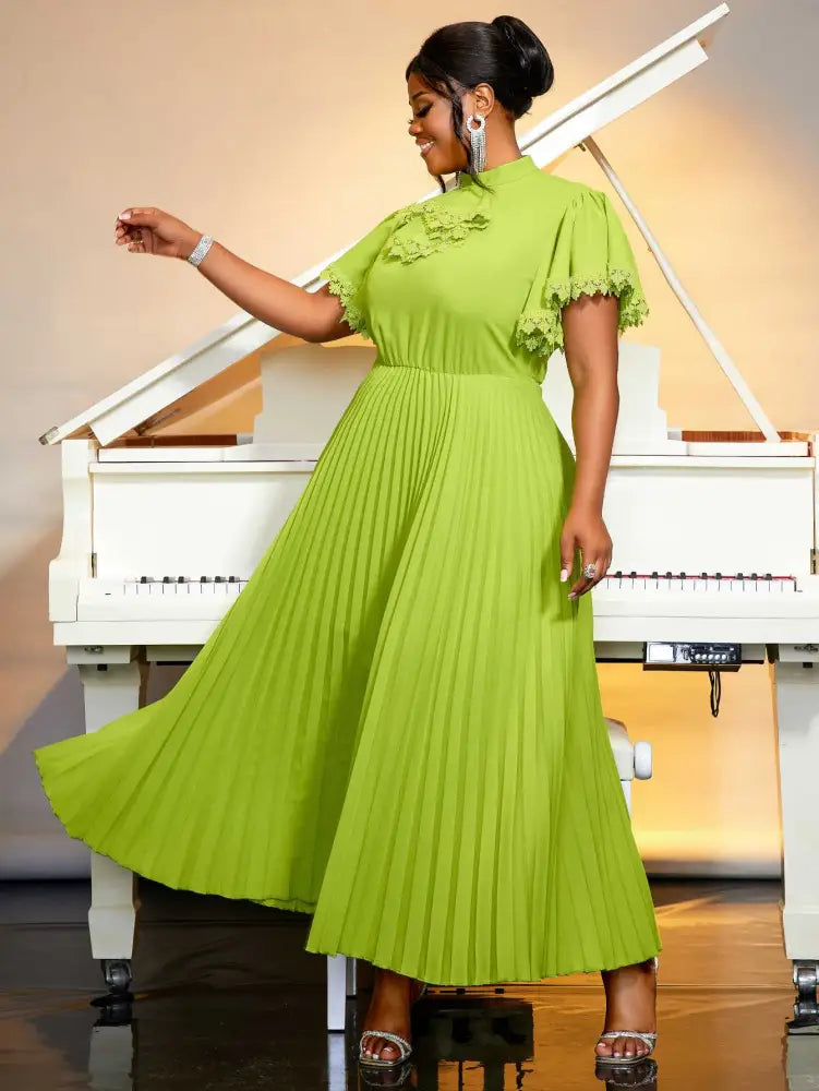 half high collar lace Stitching Bowtie dress plus size pleated dress