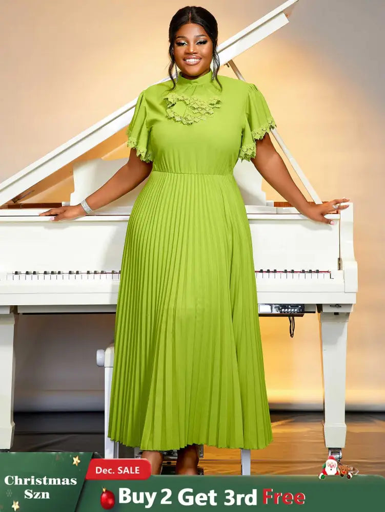 green pleated a line causal dress for women pleated maxi dress